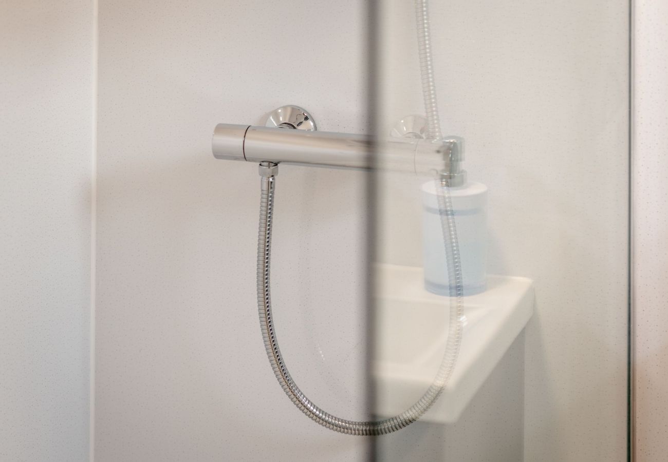 Modern chrome shower fitting with handheld attachment and wall-mounted soap dispenser inside glass cubicle.