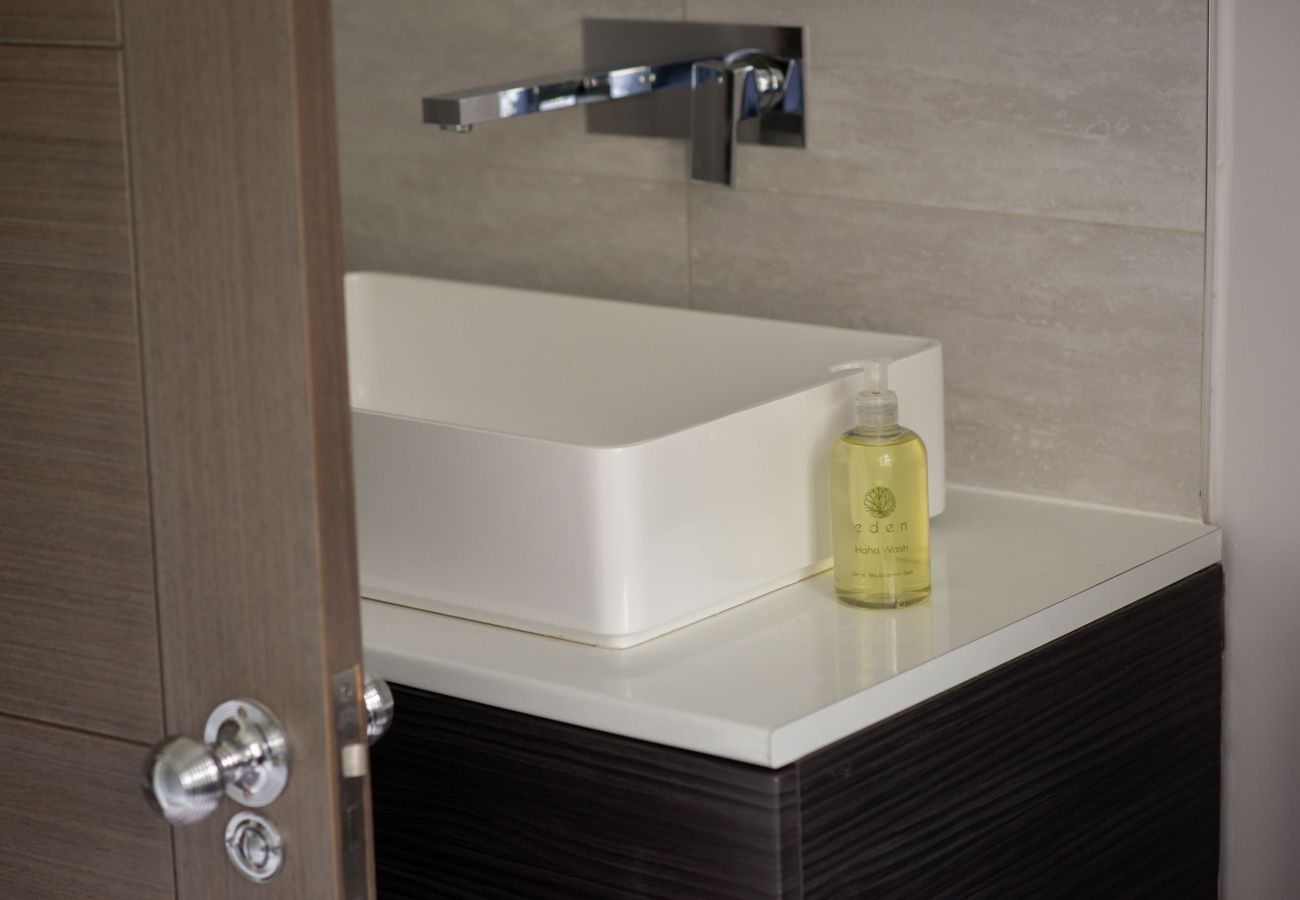 Stylish bathroom with a rectangular countertop basin, chrome tap, and Eden hand wash