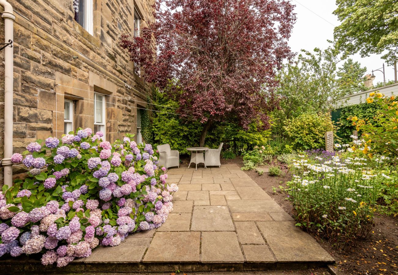 Stone-paved patio bordered by lush purple hydrangeas, wicker seating set under a mature tree in a walled garden.